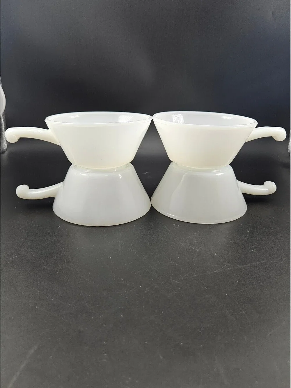 Set of 4 Fire-King Anchor Hocking White Milk Glass Handled Soup Chili Bowls #22